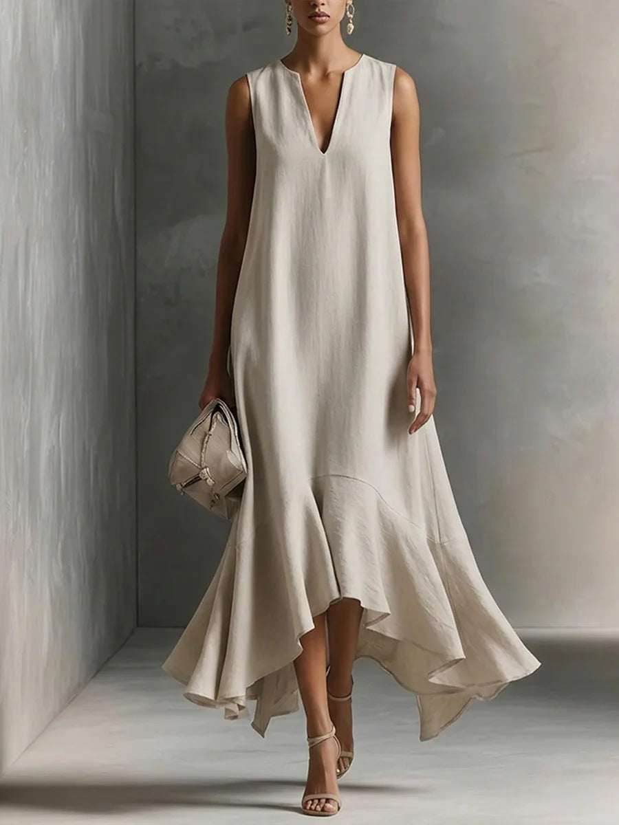 Sleeveless V-Neck Linen Midi Dress with Ruffled Hem