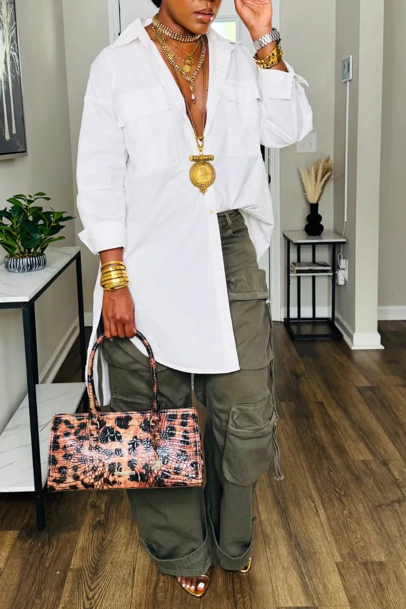 Oversized White Shirt & Cargo Pants Two‑Piece Outfit