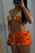 Crochet Halter 3D Floral Decor Top Ruffle Trim Shorts Beach 2pcs Set-Orange