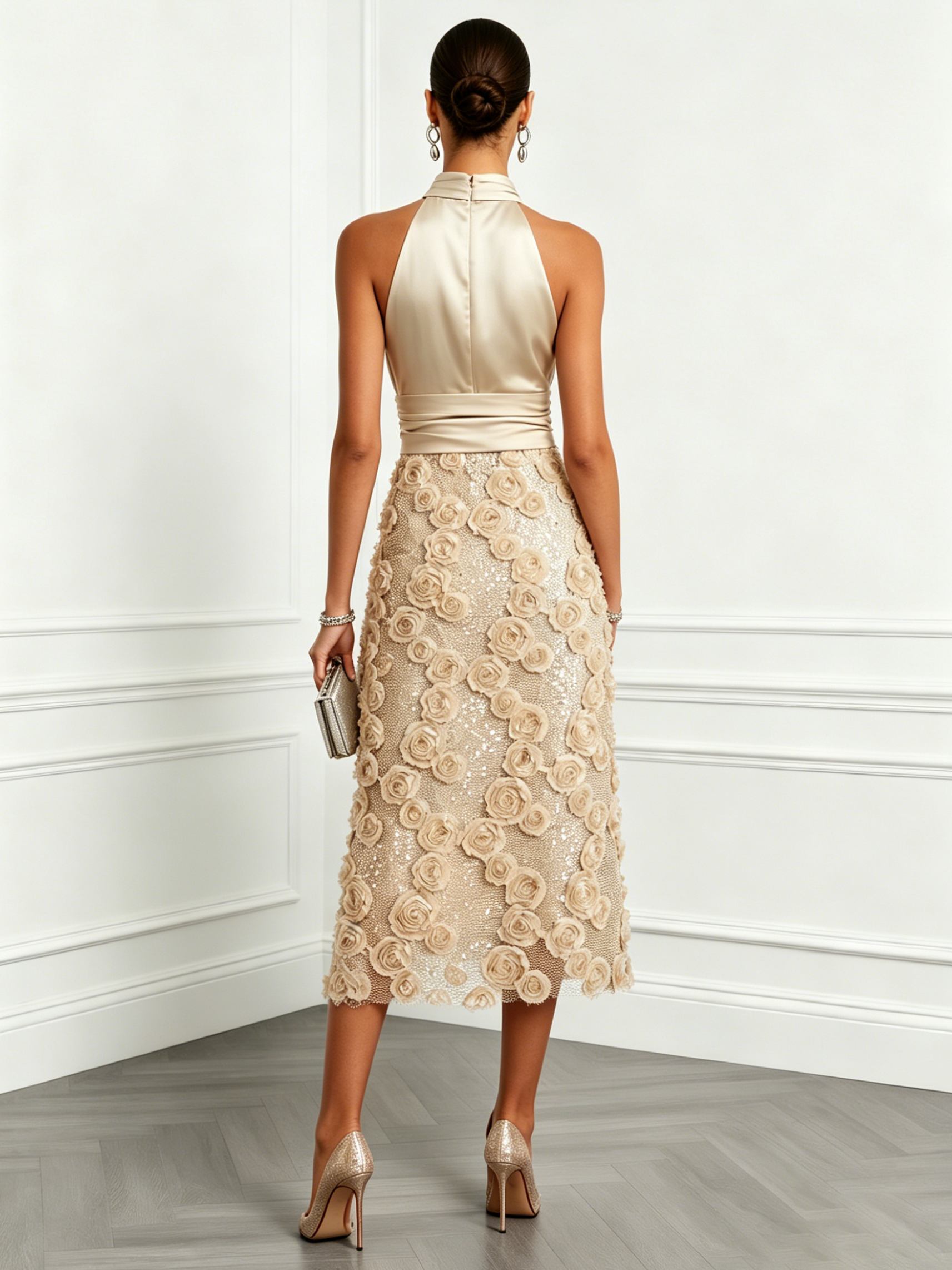 Champagne 3D Floral Glitter Classic Mock Neck Sleeveless Midi Dress