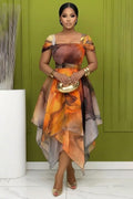 Square Neck Cinch Waist Irregular Hem Gowns Maxi Dresses-Orange