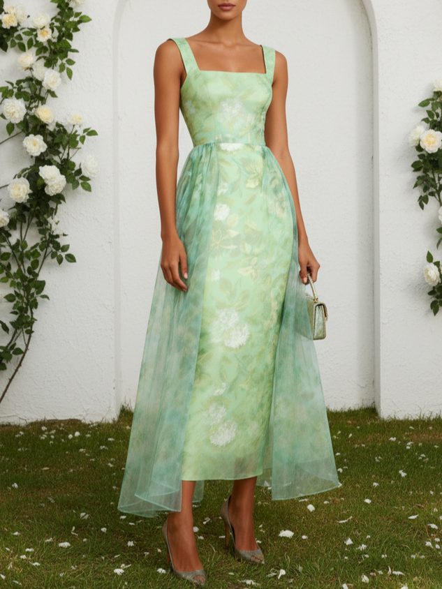 Light Green Floral Split Joint Satin Square Neck Sleeveless A-Line Maxi Dress