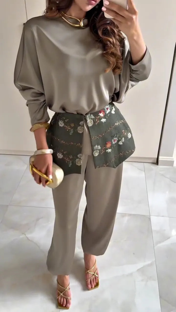 Satin Blouse With Embroidered Waistcoat & Trousers Set