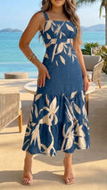 Blue Tropical Print Square Neck Midi Dress