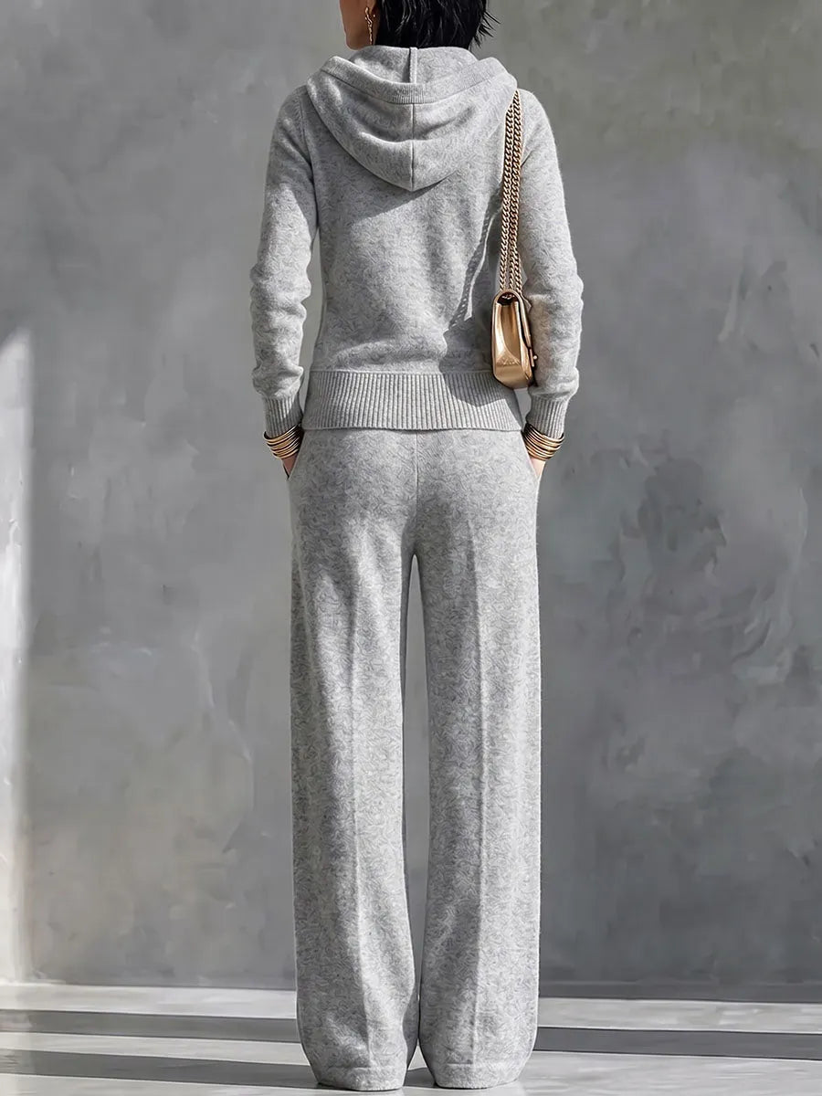 Women's Solid Color Collared Long-Sleeved Casual Loose Hooded Cardigan Top and High-Waisted Wide-Leg Pants Set