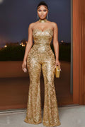 Strapless Cinch Waist Sequin Flower Bootcut Party Jumpsuit-Gold