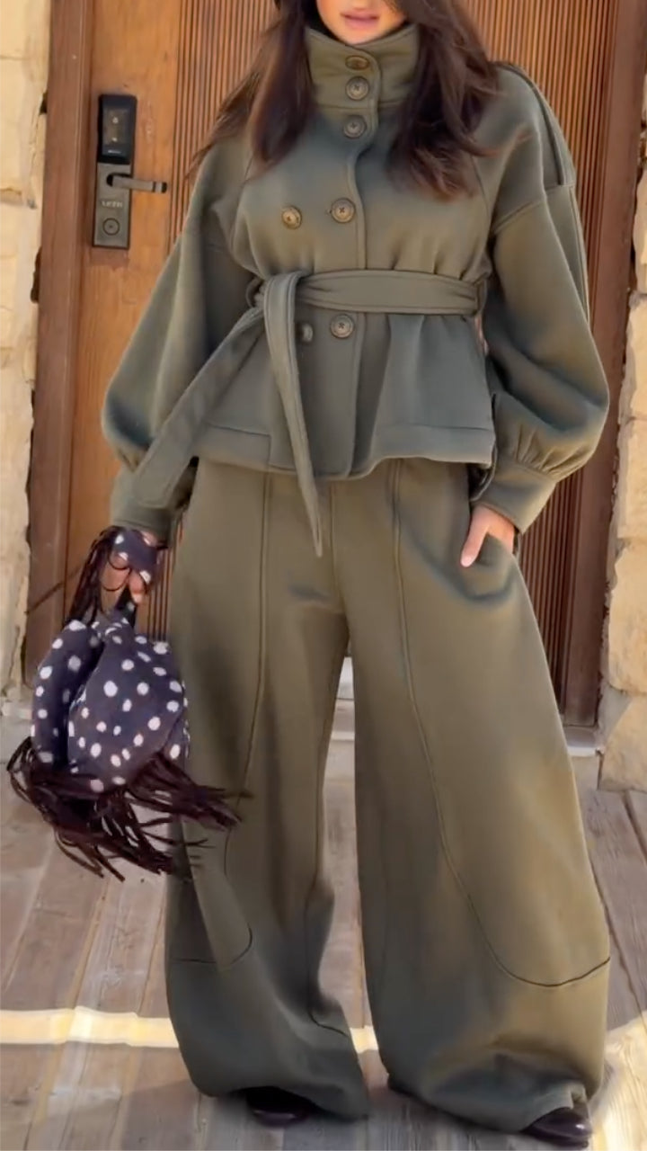 Belted Stand Collar Coat And Wide Leg Pants Two Piece Set
