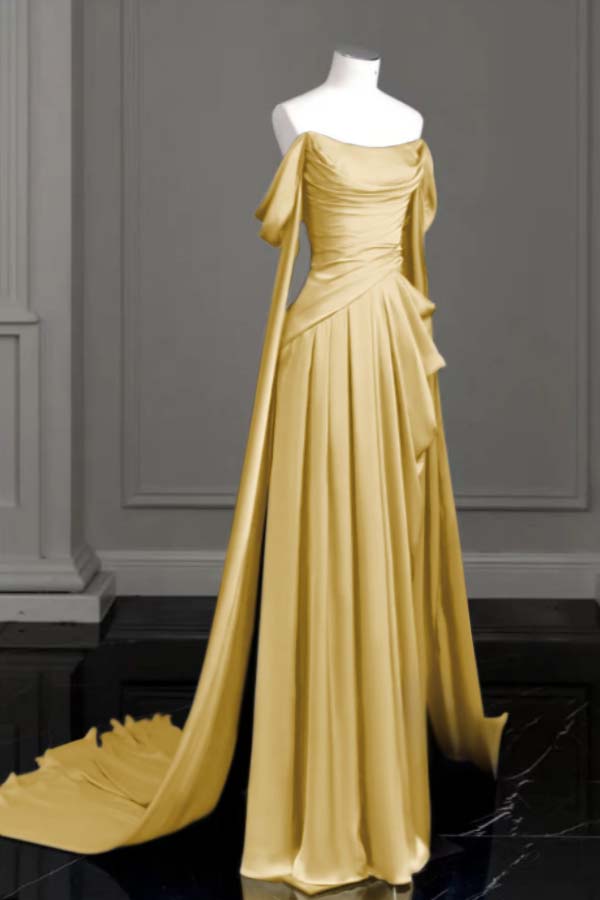 Cocoslly Off-The-Shoulder Pleated Long Prom Dress With Trailing On Both Sides | Purple Satin ZT0580