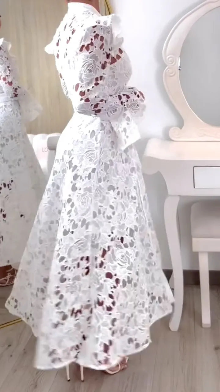 Lace Belted Long Sleeve Maxi Dress
