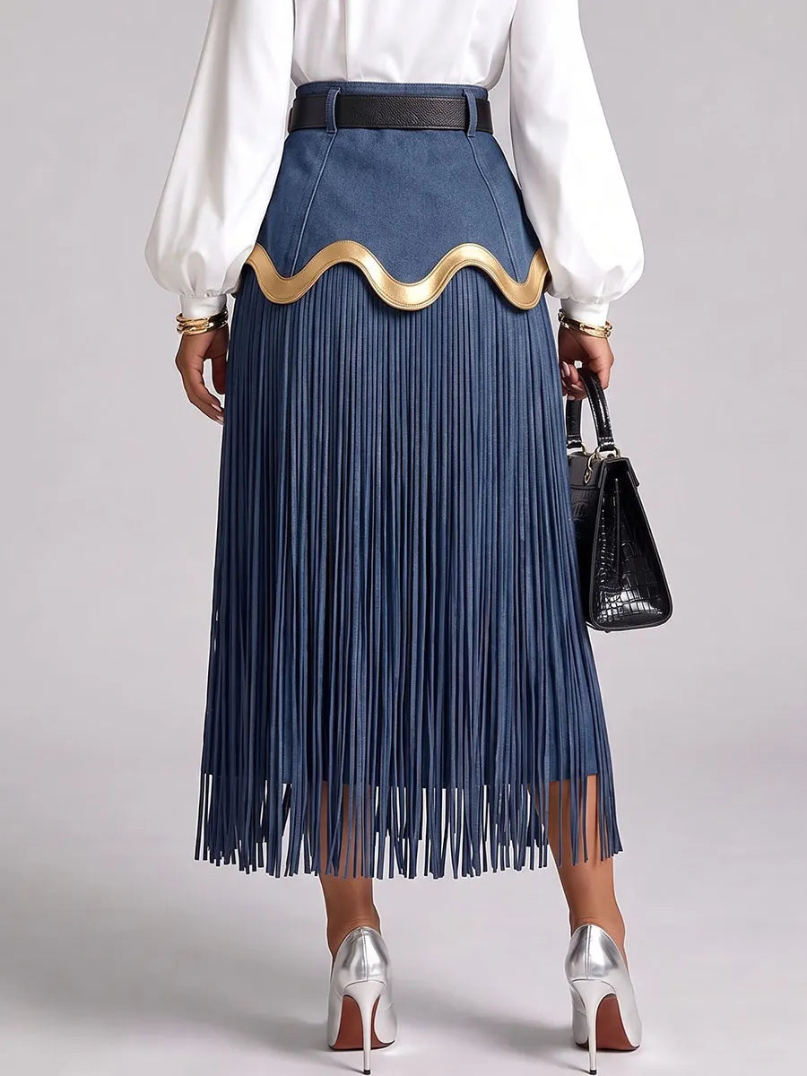 Women's High-waisted Casual Loose-fitting Fringed Denim Skirt