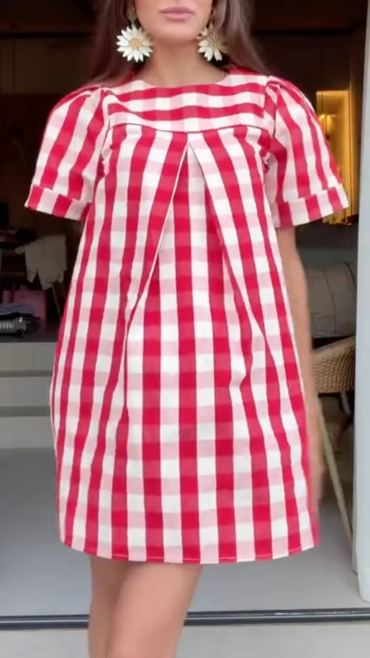 Red White Gingham Puff Sleeve Mini Shift Dress