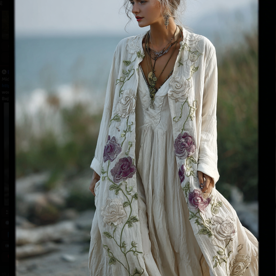 Bohemian Style Plant And Flower Embroidery Printed Women's Cotton And Linen Long Cardigan