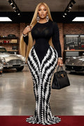 Round Neck Long Sleeve Zigzag Print Fishtail Maxi Dresses-Black [Pre Order]
