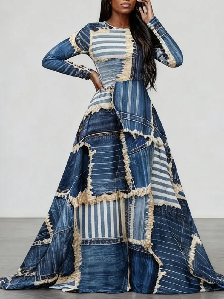 Patch Crewneck Long Sleeves Casual Dress