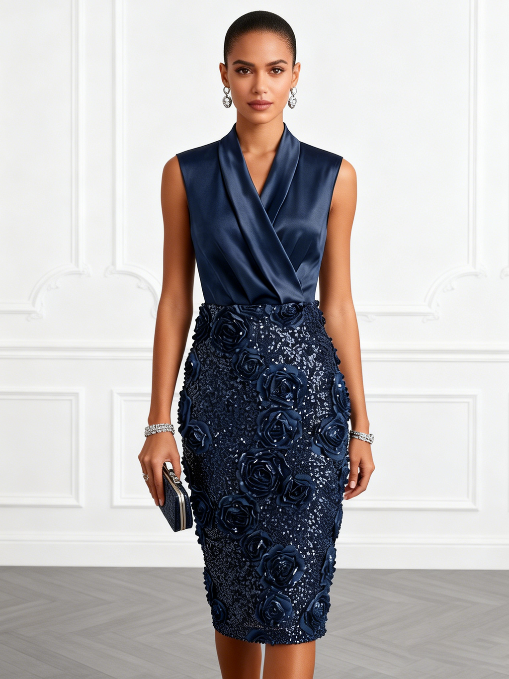 Purplish Blue 3D Floral Glitter Classic V Neck Sleeveless Sheath Midi Dress