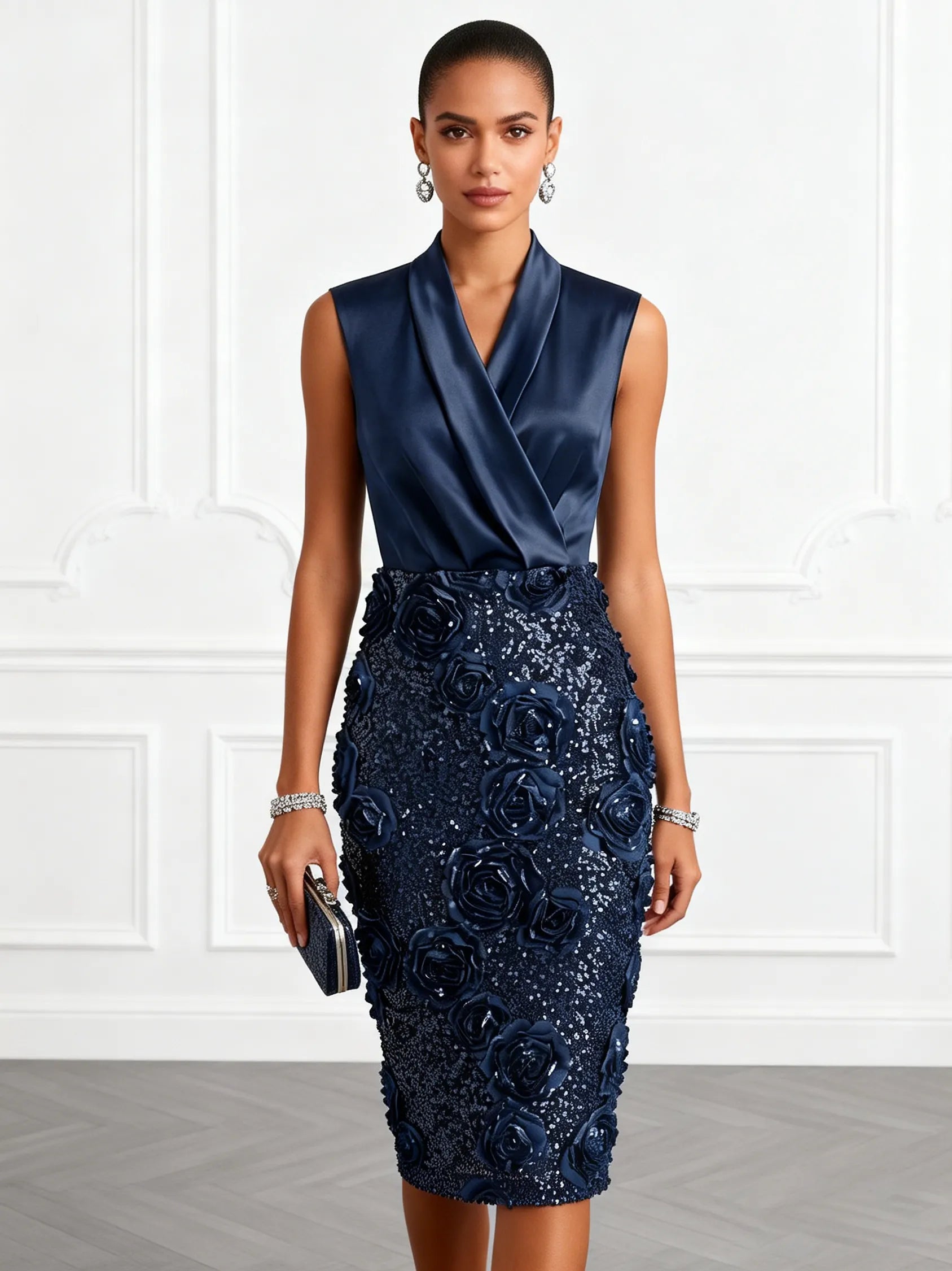 Purplish Blue 3D Floral Glitter Classic V Neck Sleeveless Sheath Midi Dress
