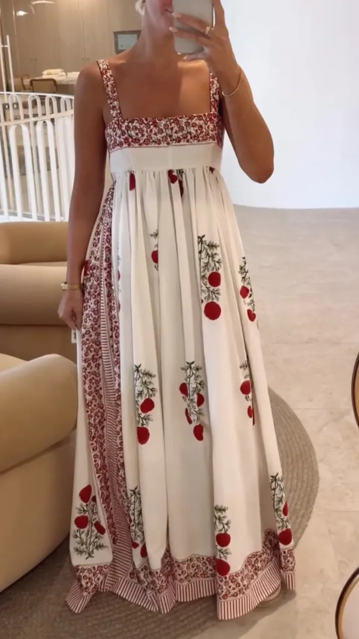 Women's Vacation-Style Floral Print Square-Neck Spaghetti Strap Maxi Dress