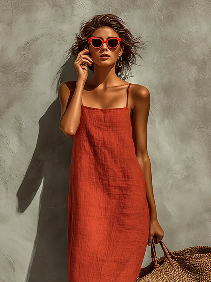 Women's Red Cotton Dress With Spaghetti Straps & Square Neck, Timeless Boho-Resort Style Dress MDZ0924C3I