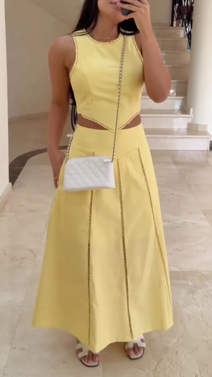 Eyelet Sleeveless Crop Top & Midi Skirt Two Piece Set