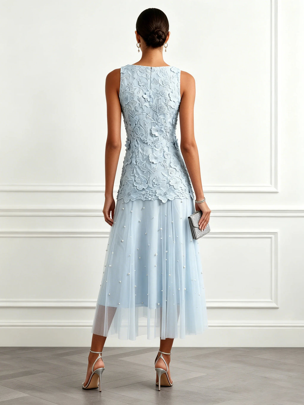 Light Blue Lace Lace Boat Neck Sleeveless A-Line Maxi Dress