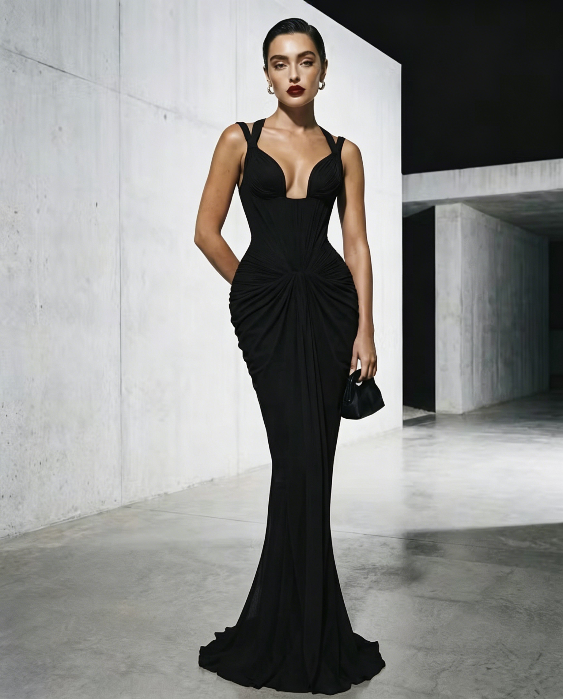 Cocoslly Spaghetti Straps Sleeveless High Waist Long Mermaid Prom Dress With Pleated | Red Satin LX0112