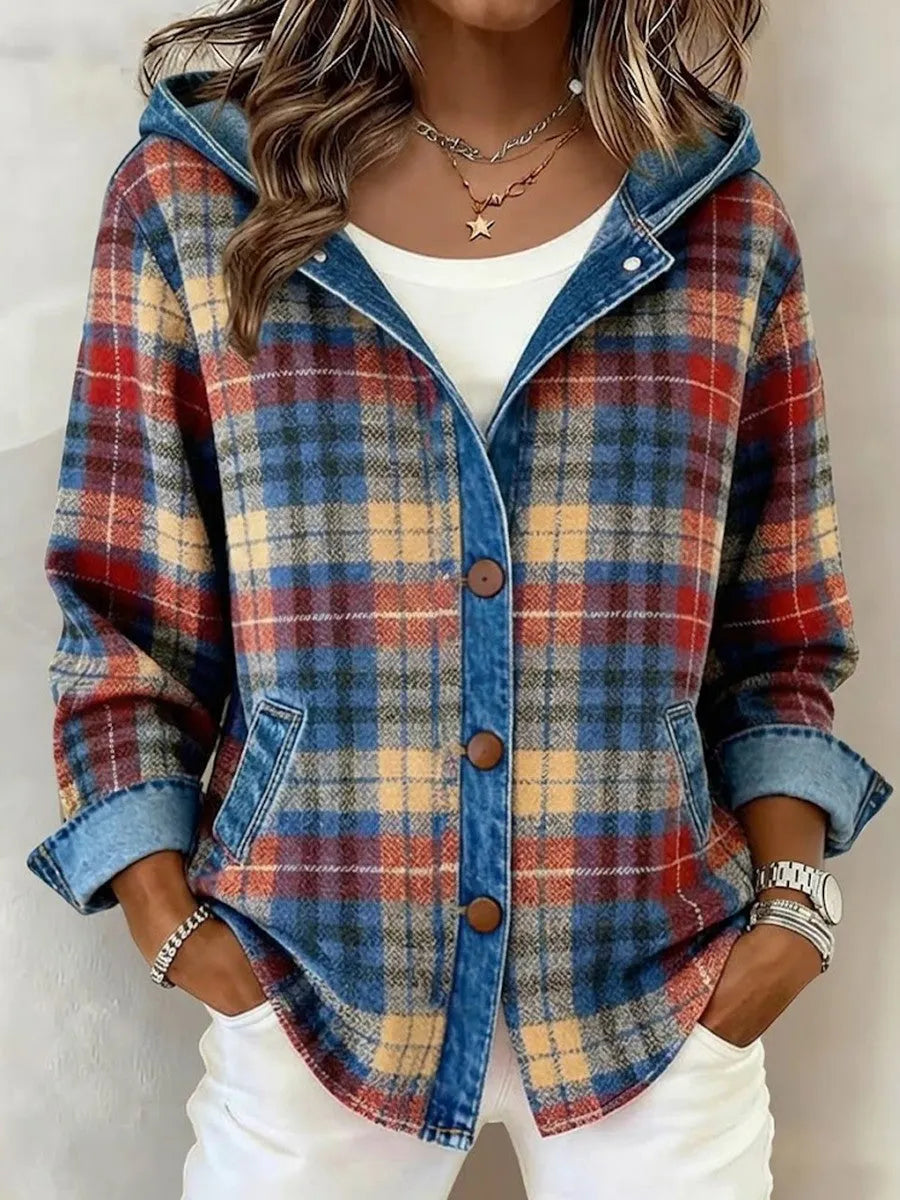 Color-block Plaid Hooded Jacket