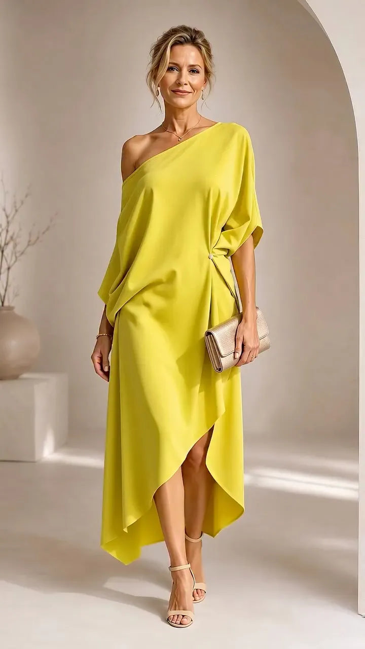 Yellow One‑Shoulder Asymmetrical Midi Dress