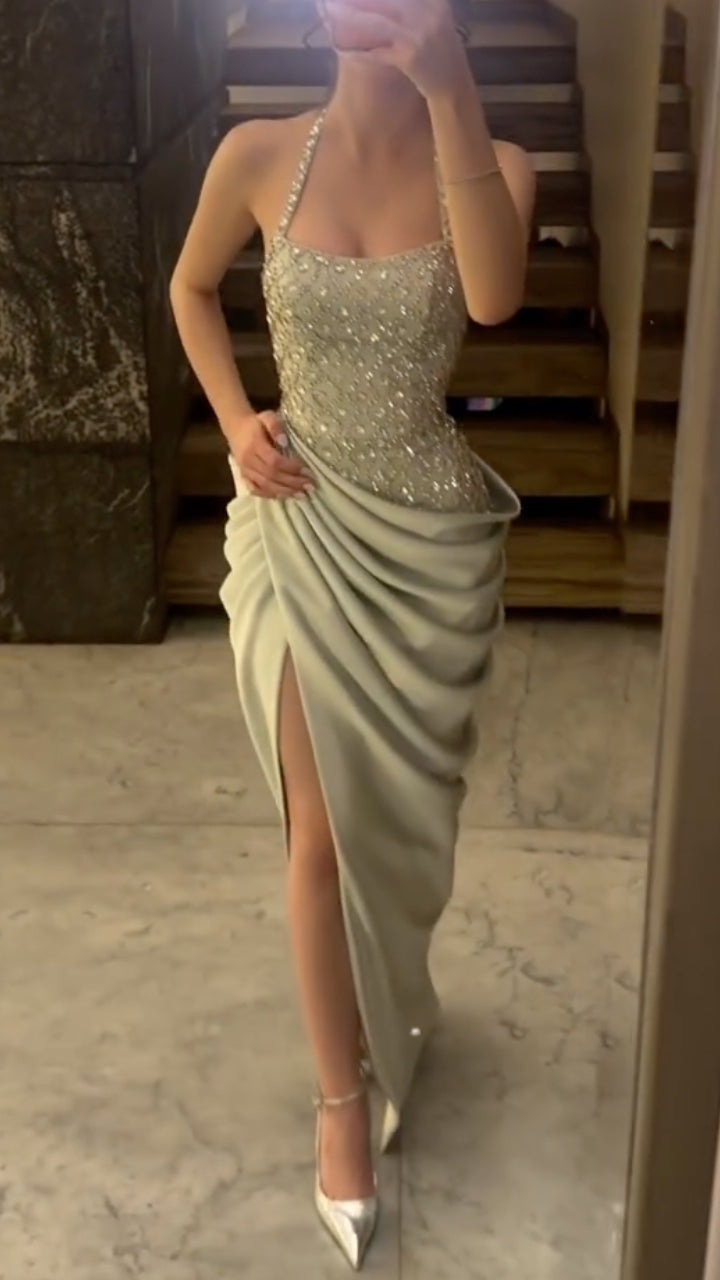 Beaded Halter Mermaid Evening Gown