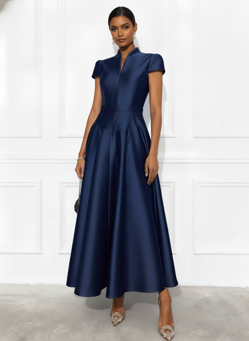 Navy Blue Satin Stand Collar Short Sleeve A-Line Maxi Dress