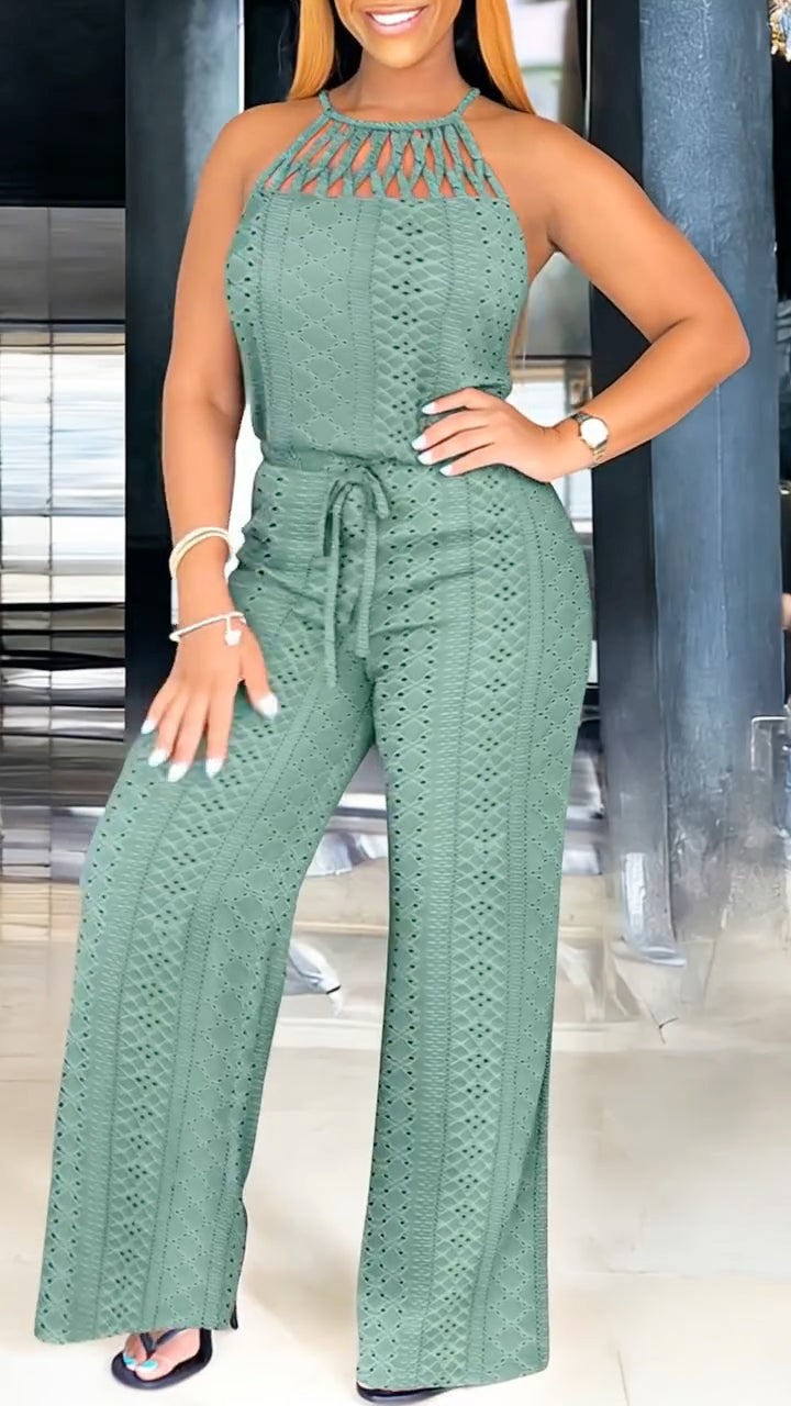 Women's Halter Neck Openwork Strap Casual Jumpsuit