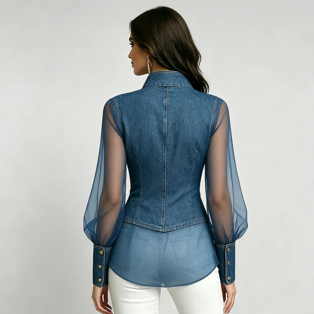 Blue Denim Sheer Mesh Blouse