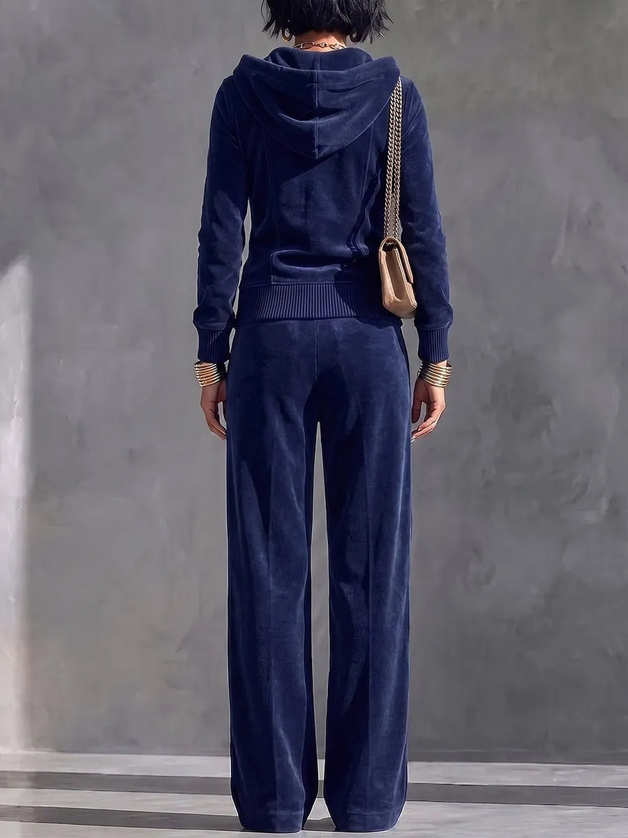 Women's Solid Color Collared Long-sleeved Casual Loose Hooded Top And High-waisted Wide-leg Pants Velvet Suit