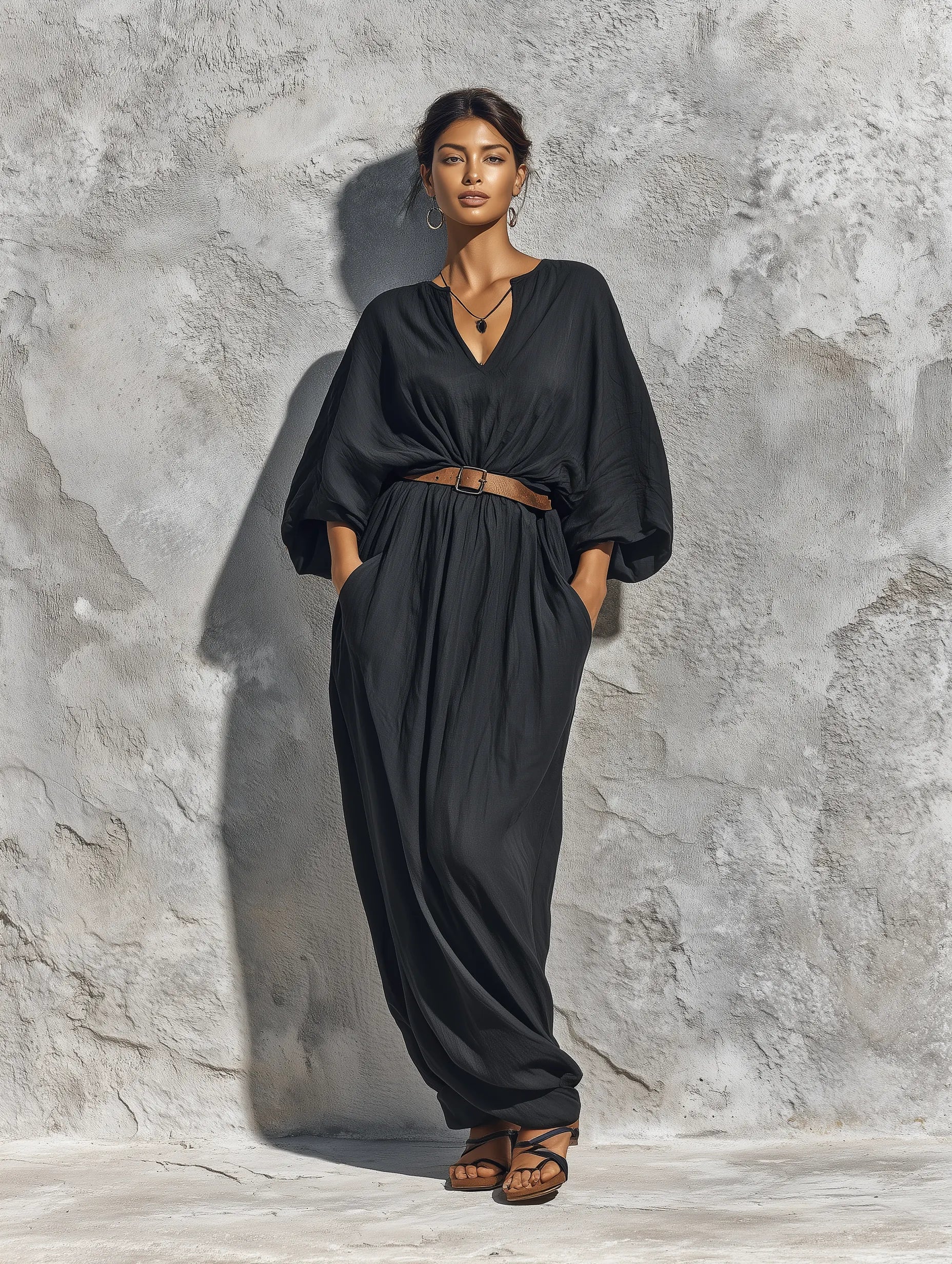 Women’s Black Linen V-Neck Batwing Puff Sleeve Belted Loose Maxi Kaftan Dress With Side Pockets MDZ2306F5T