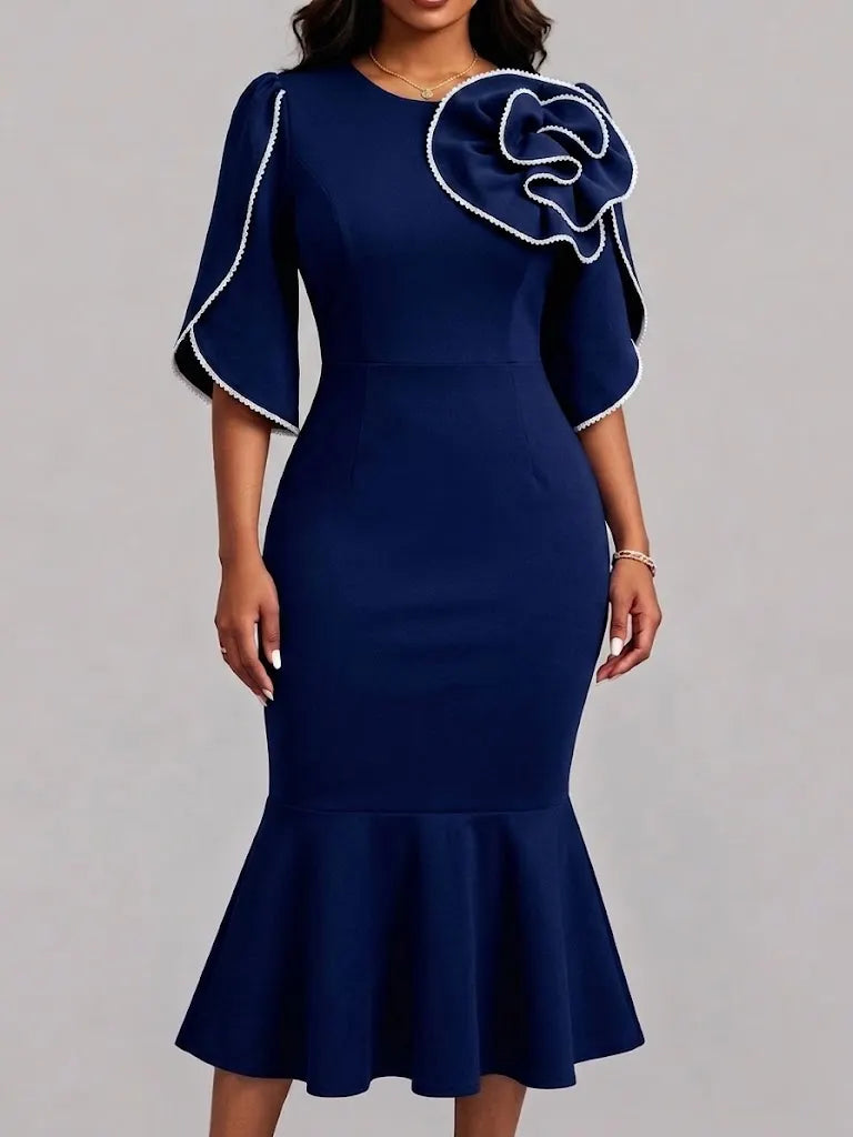 3d Floral Applique Flare Sleeve Mermaid Midi Dress