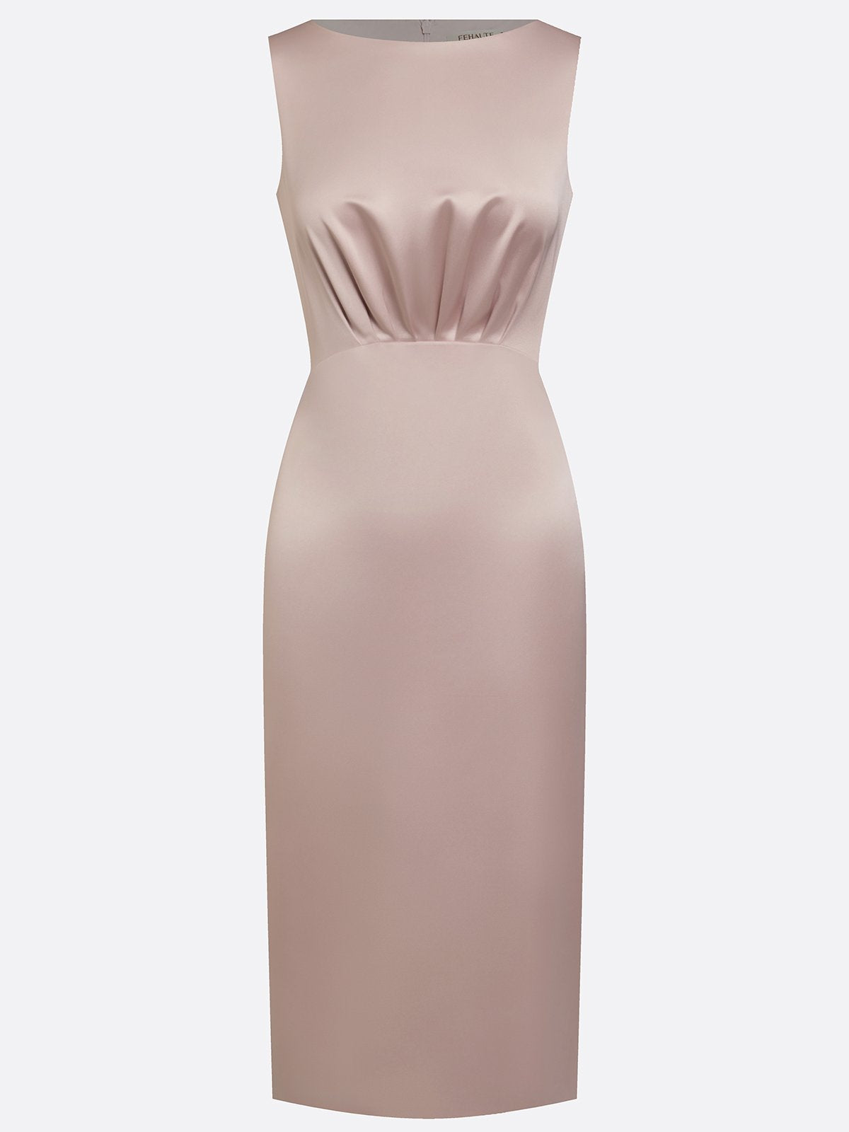 Pink Ruched Satin Boat Neck Sleeveless Sheath Midi Dress