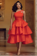 One Shoulder Cinched Waist Layered Hem Party Midi Dresses-Orange