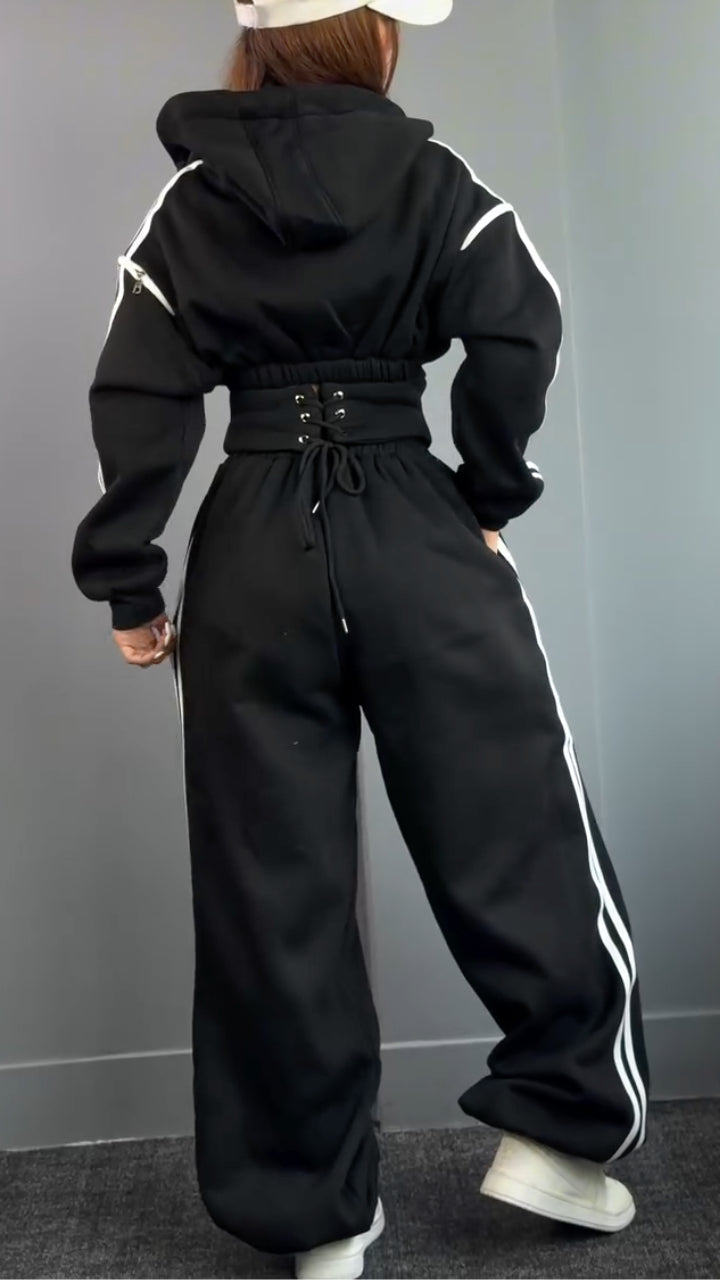 Zip Up Hooded Stripe Sweatshirt & Baggy Pant Tracksuit Set