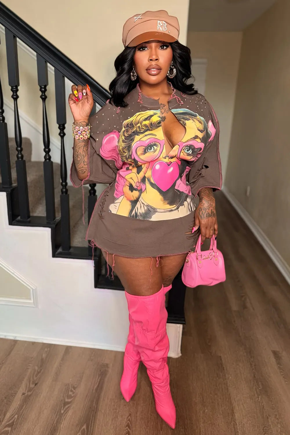 Cartoon Print Notch Neck Half Sleeve Casual Mini Dresses-Brown [Pre Order]