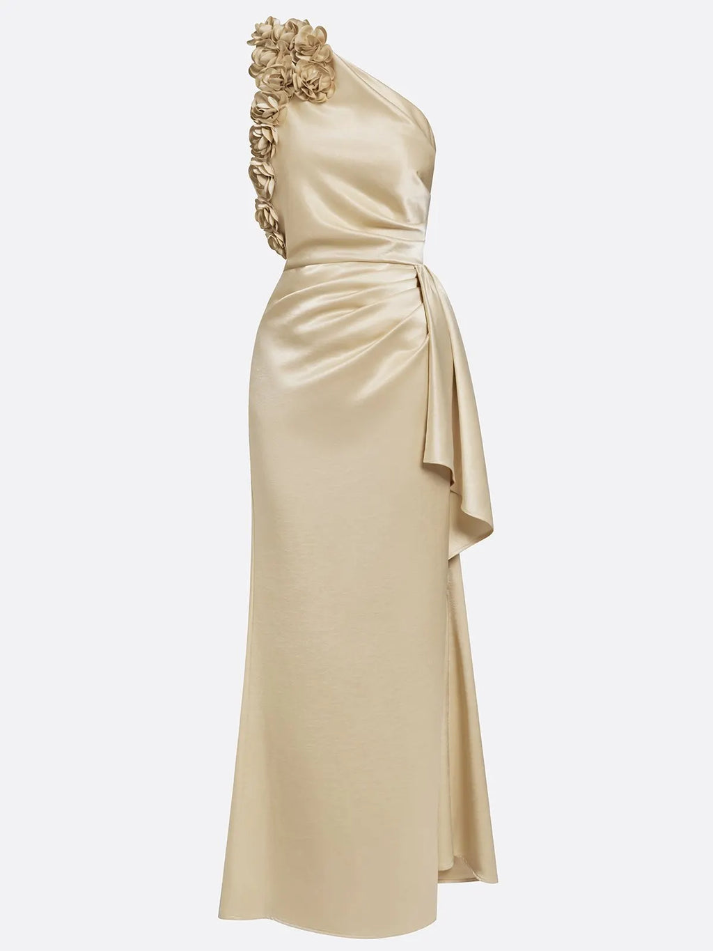 Champagne 3D Floral Ruched Satin One Shoulder Sleeveless Sheath Floor-length Gown Dress