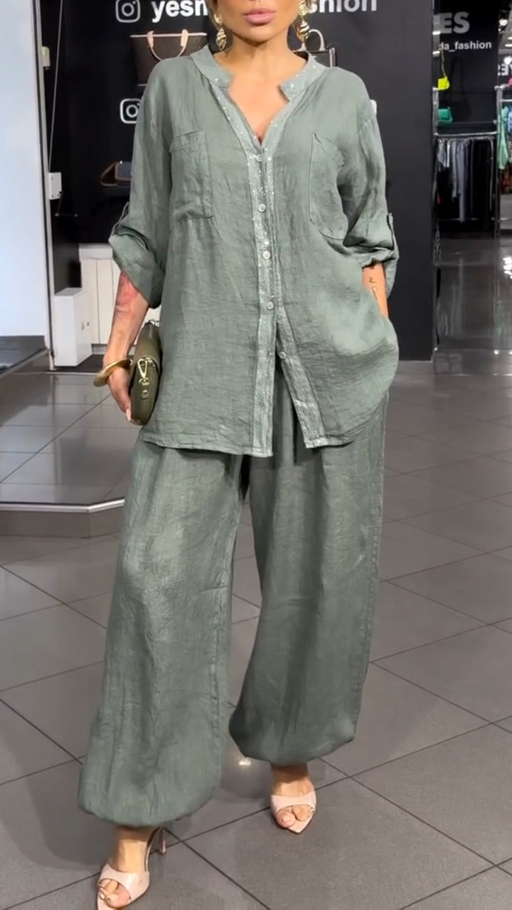 Linen Button Shirt And Wide Leg Pants Set