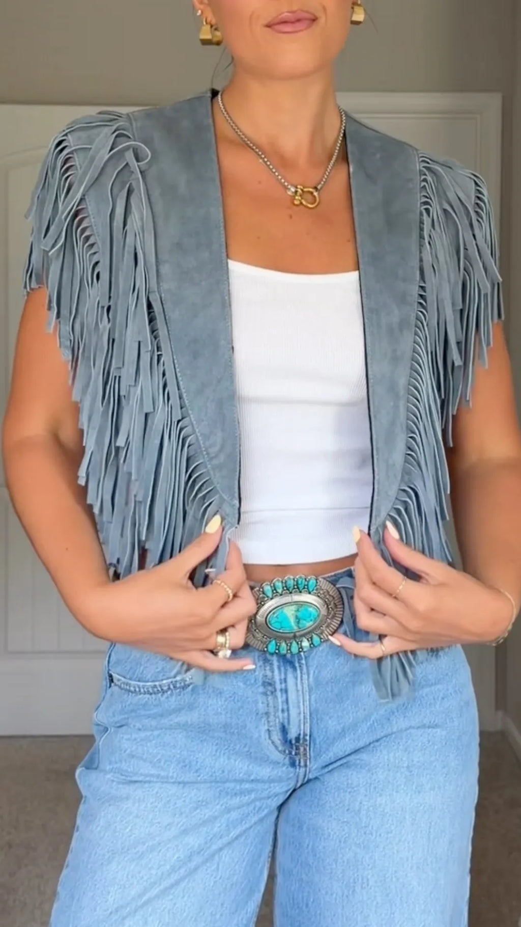 Blue Suede Fringe Sleeveless Vest