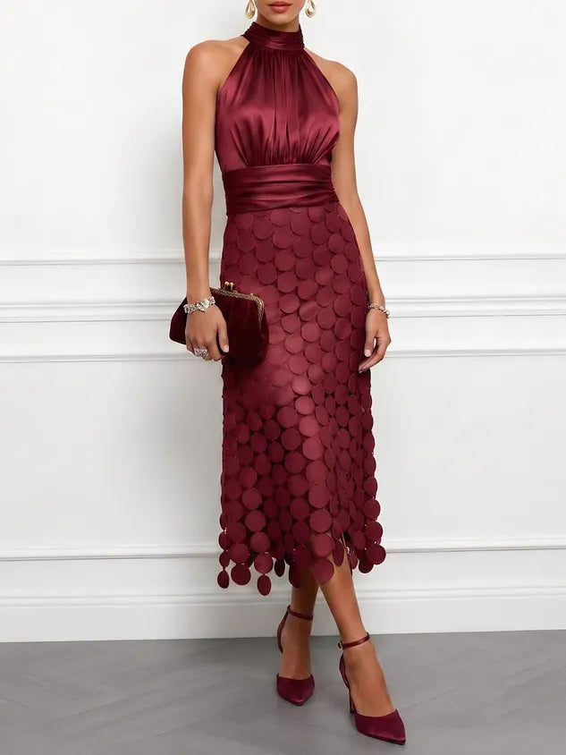 Purplish Blue Satin Halter Neck Ruched Sleeveless Midi A-Line Dresses
