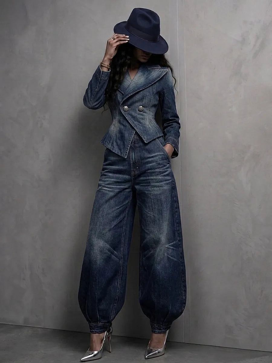 Chic Washed Denim Double-Breasted Peplum Blazer