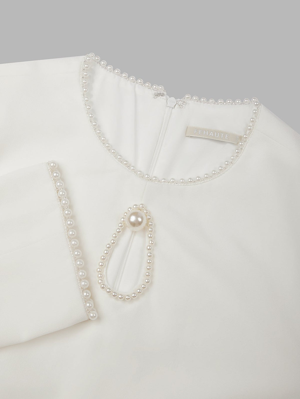 White Faux Pearl Cut Out Classic Crew Neck Long Sleeve Sheath Mini Dress