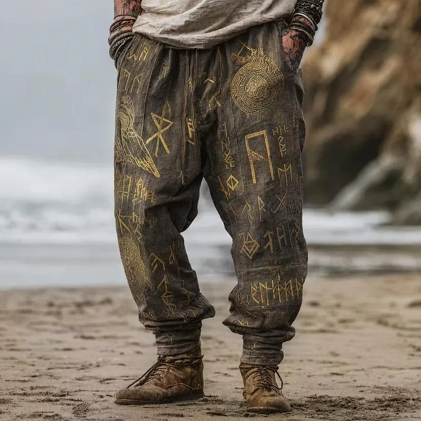 Men Boho Rune Graphic Linen Harem Pants