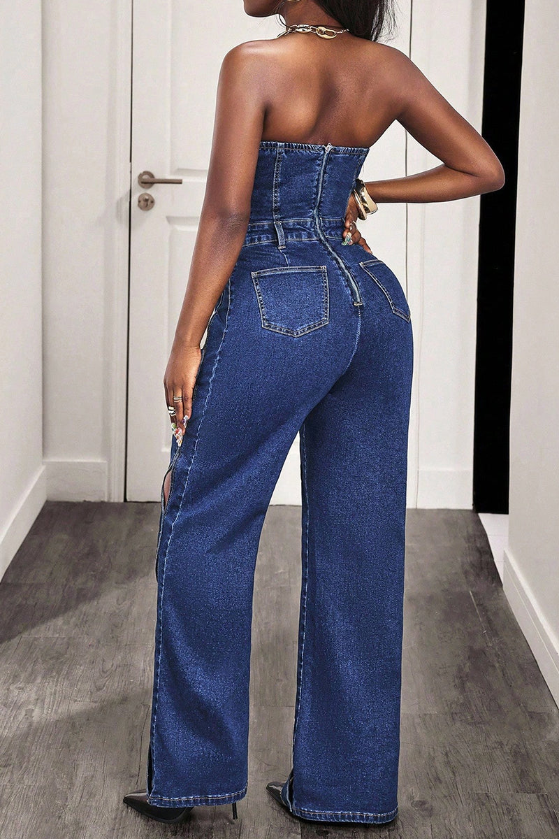 Women's Casual Cutout Strapless Wide Leg Denim Jumpsuit