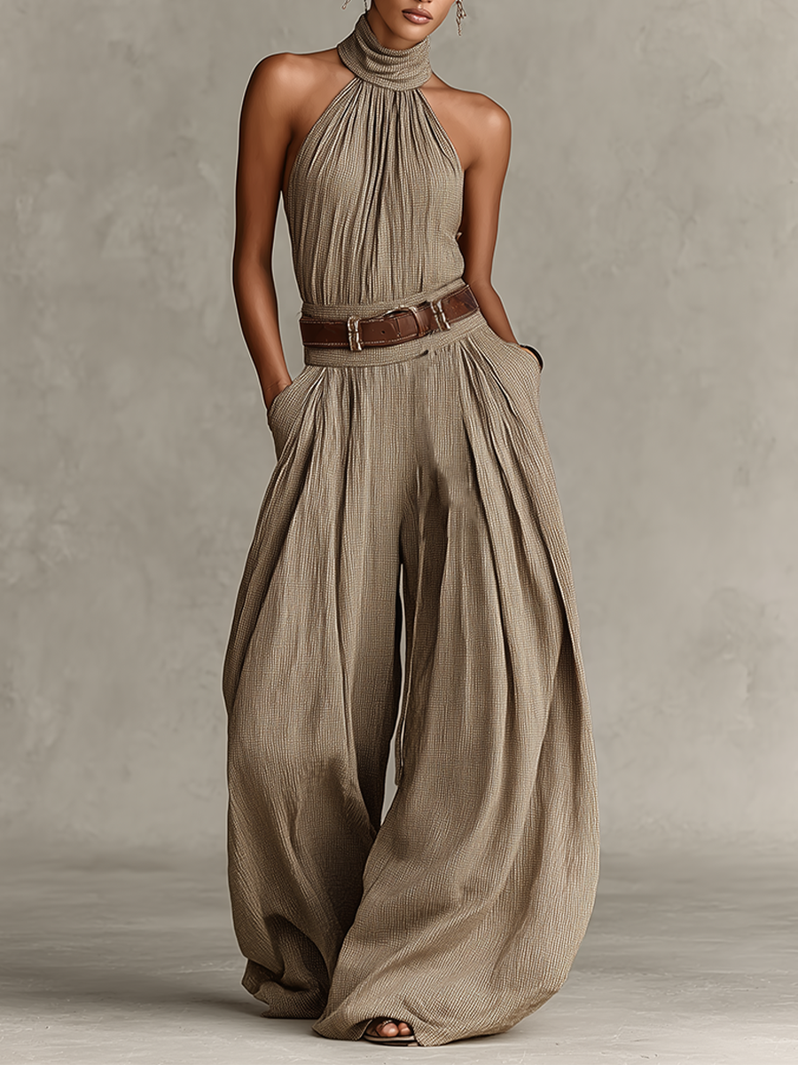 Women's Taupe Cotton-Blend Jumpsuit With Halter Neck & Wide-Leg Silhouette, Timeless Boho-Elegant Style Jumpsuit (Without Belt) MDZ0940C3I