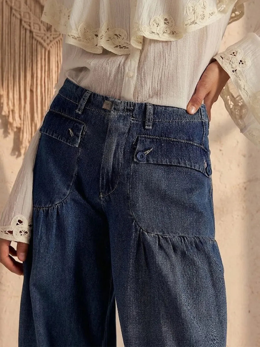 Pleated Mid-rise Loose Wide-leg Lotus-style Jeans