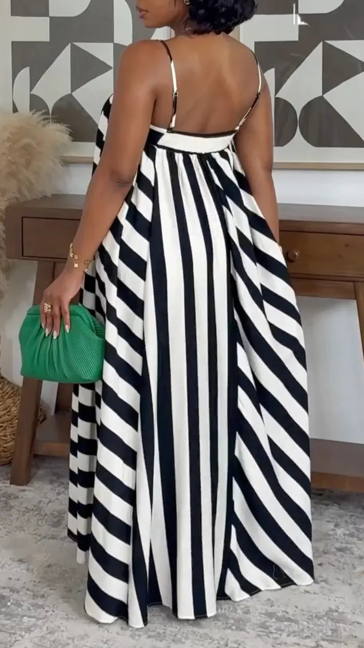 Vertical Striped Spaghetti Strap Maxi Dress