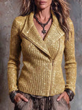 Women's Solid Color Collared Long Sleeve Casual Loose Sequined Knit Top